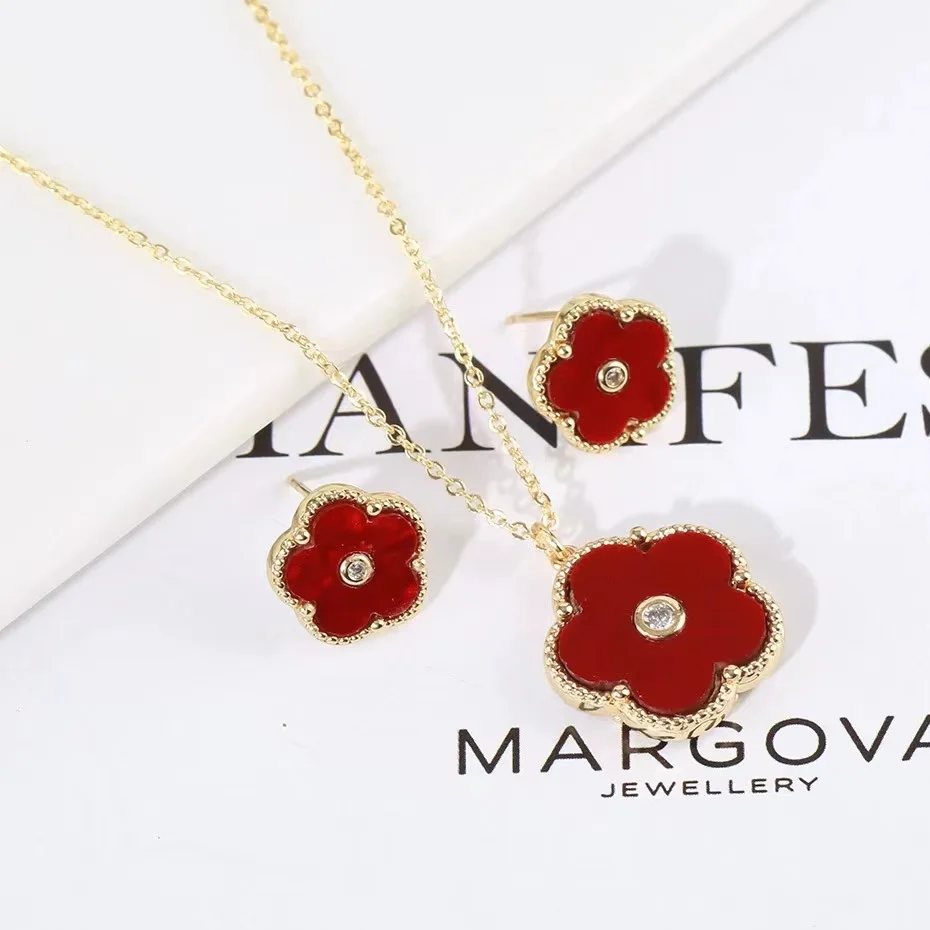 Clover New Design Flower Plant Pendant Necklace Earrings Jewelry Set Women\'s Stainless Steel Chain High Quality Luxury Bride