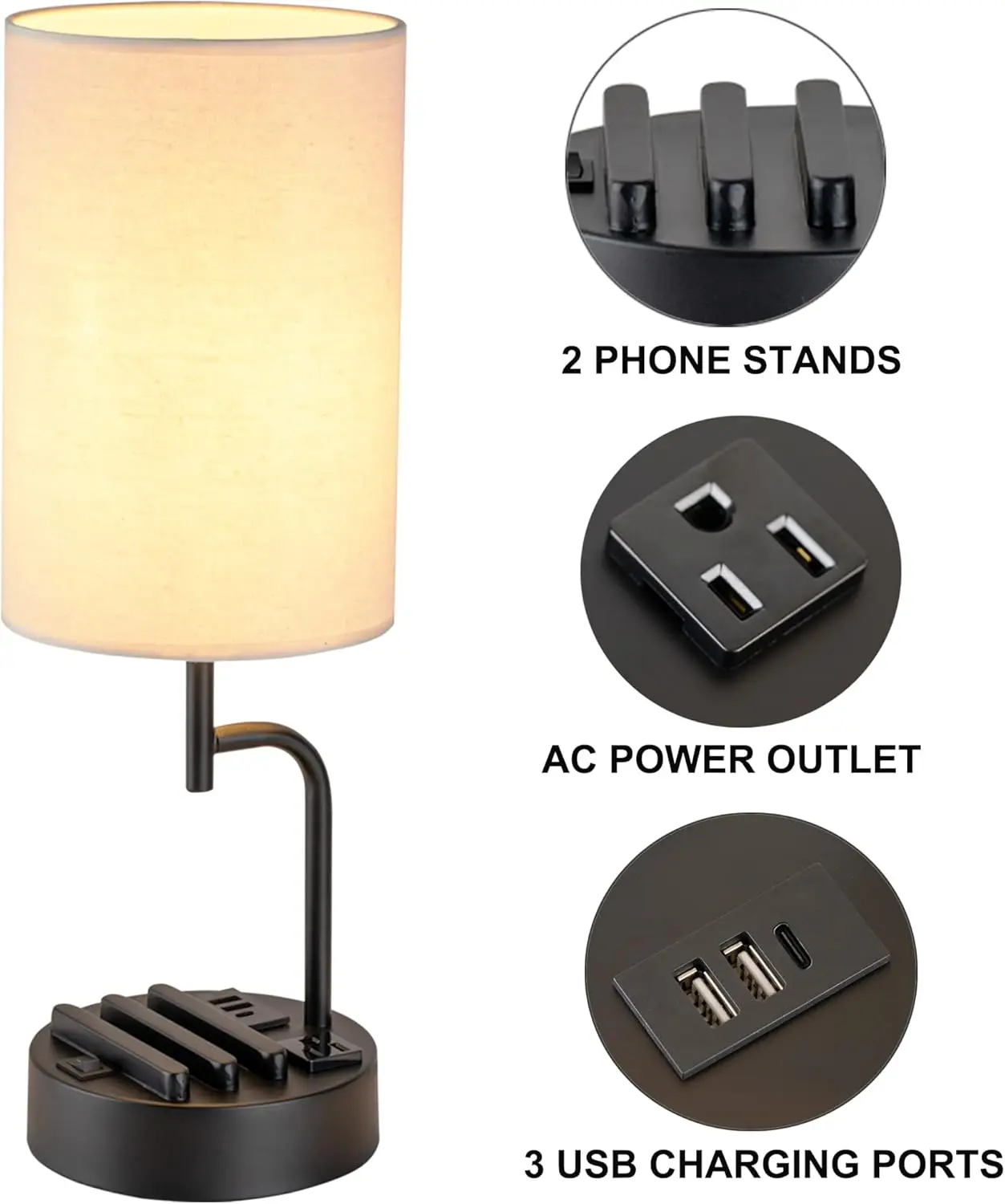 Table Lamp with 3 USB Charging Ports, Modern Desk Lamp with AC Outlet and Phone Stands, Perfect Bedside Lamp