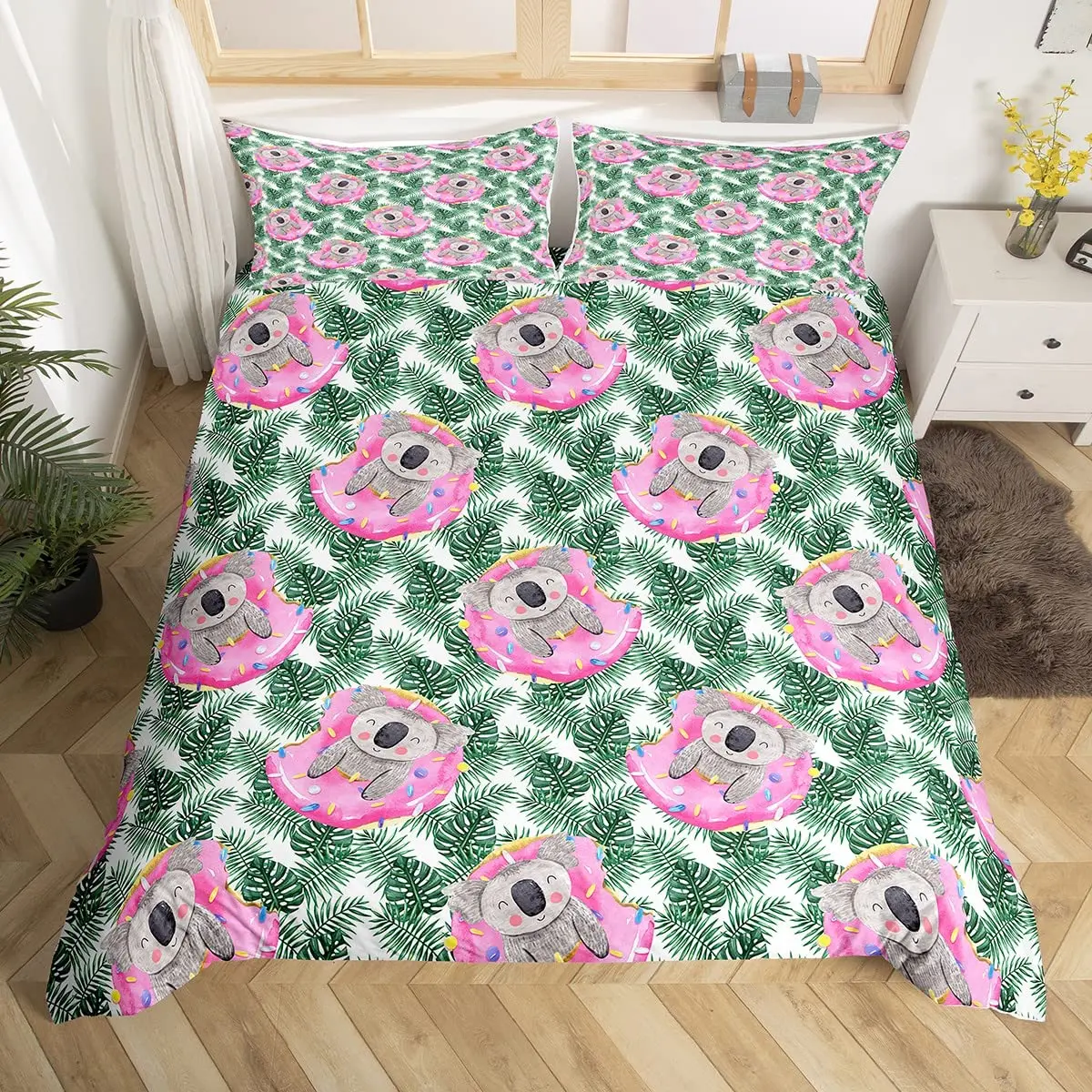 Kawaii Koala Bedding Set Full Size for Kids Boys Girls,Cartoon Animal Comforter Set Quilt Duvet Green Leaves Bedroom Decor 3pcs