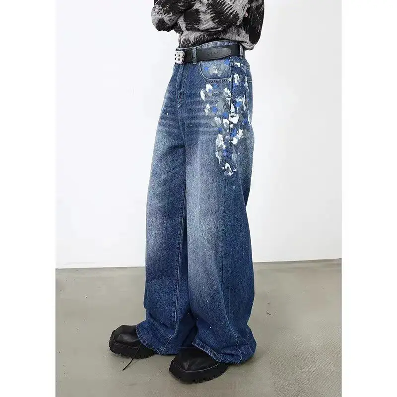 Men's Tie Dye Design Vibe Jeans Casual Pants Wide Legs Sweatpants Cool Boy Summer Bottom Male High Waist Unisex Baggy Trousers