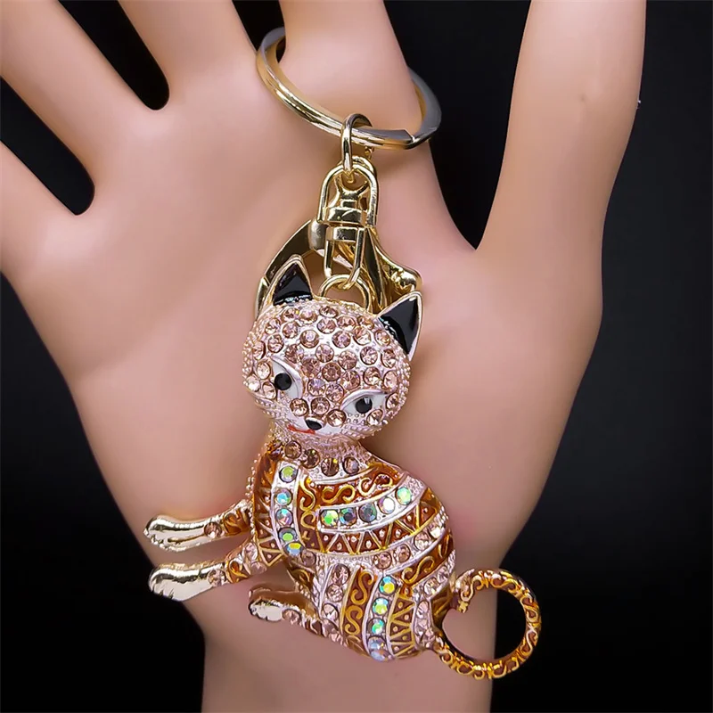 Lovely Cat Crystal Keychain for Women/Men Metal Colorful Rhinestone Pet Lover Keyring Bag Accessories Jewelry llaveros KXHKS01