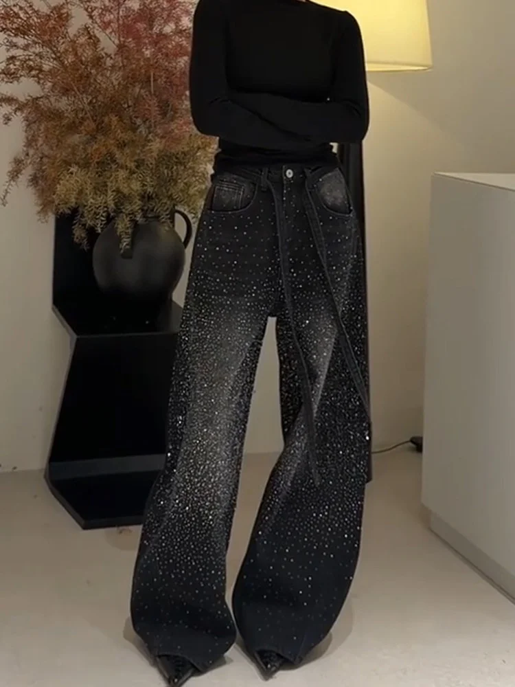 

Retro Patchwork Loose Fit Floor-Length Jeans Women's Spring 2026 Lazy Sensation Diamond Heating Star Denim Pants High Waist
