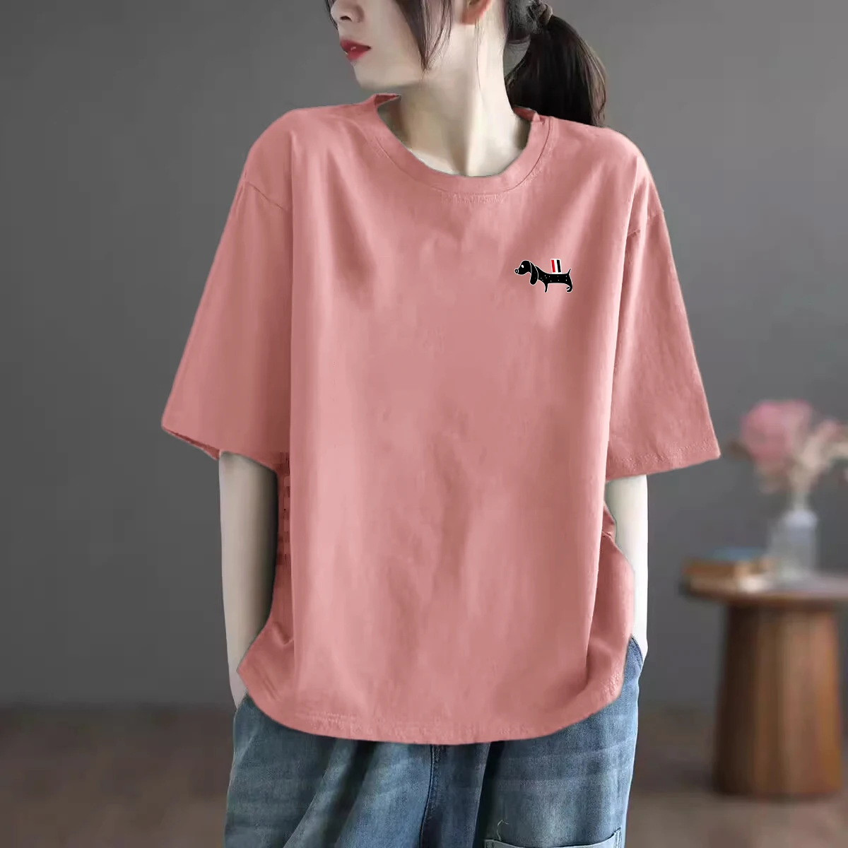 

00% Pure Cotton ort Sve T-irt Women's Summer Versatile Slimming Artistic Casual Top Comfortable Breathable Sweatirt
