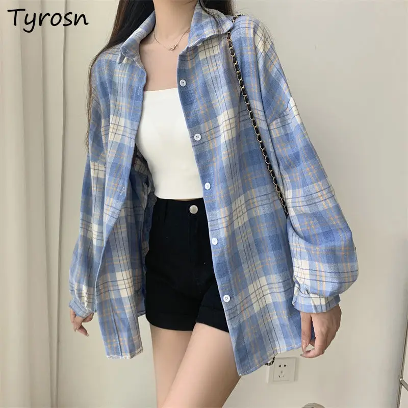 

Клетчатые рубашки в стиле Харадзюку, женская одежда с длинным рукавом Y2k, разноцветная одежда в консервативном стиле, милые винтажные корейские модные майки, солнцезащитный крем, эстетика