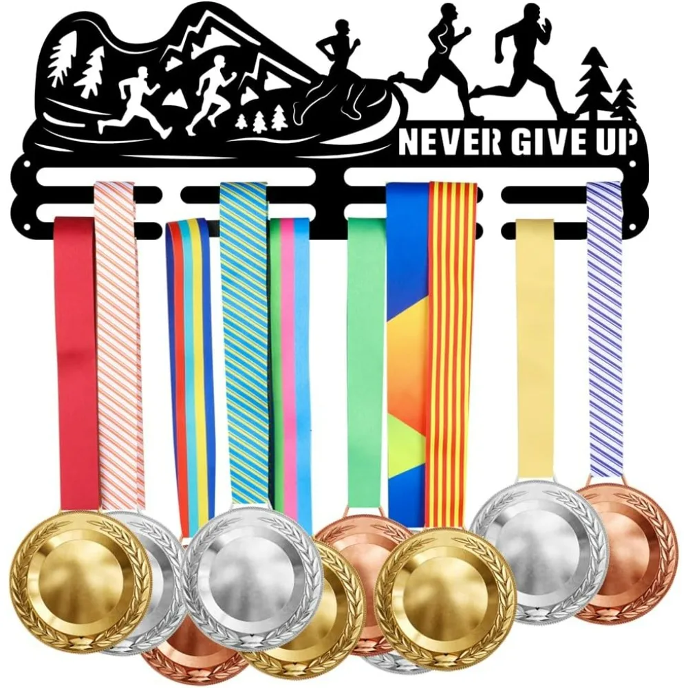 Running Mountain Views Medal Hanger Display Never Give Up Running Medals Display Rack for 40+ Medals Wall Mount Ribbon Display