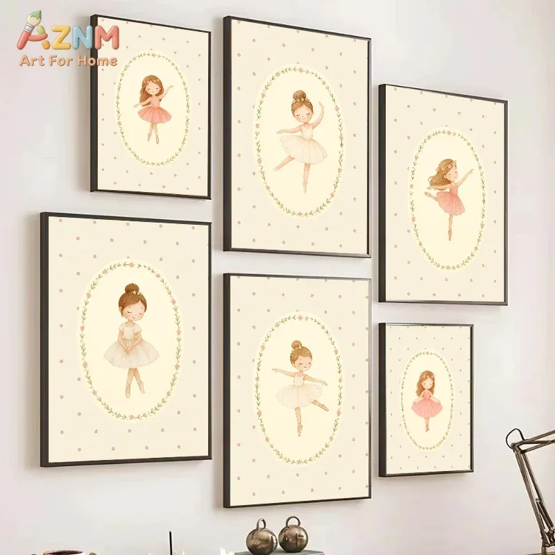 AZNM Cute Ballerina Girl Pink Nursery Ballet Canvas Wall Art Print Decor
