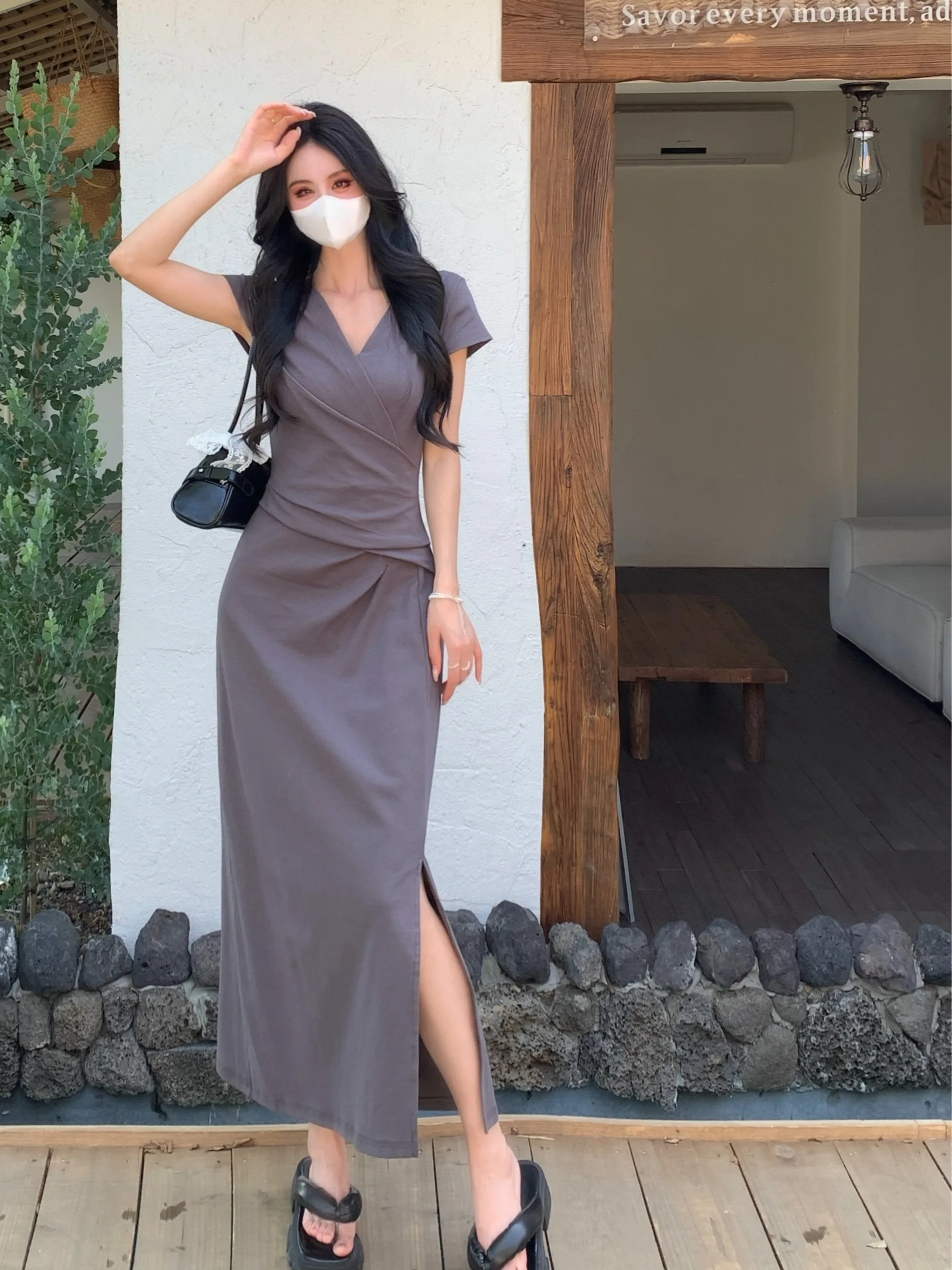 

Elegant plus Size Long Dress V-Neck A-Line Silhouette Skin-Covering Slimming Waist High Waist Gored Skirt Short Sleeve