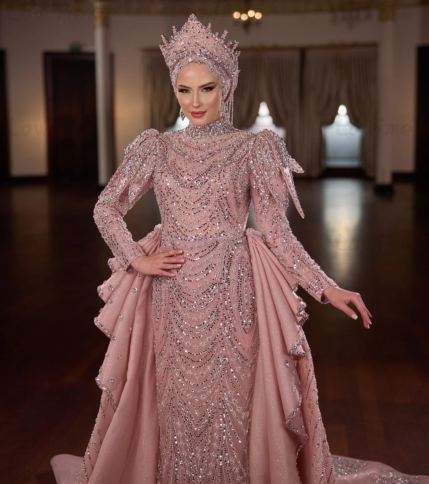 

Blush Pink Muslim Evening Gown 2026 Customized Long Sleeve High Neck Prom Dresses With Detachable Train Heavy Beaded Party Dress