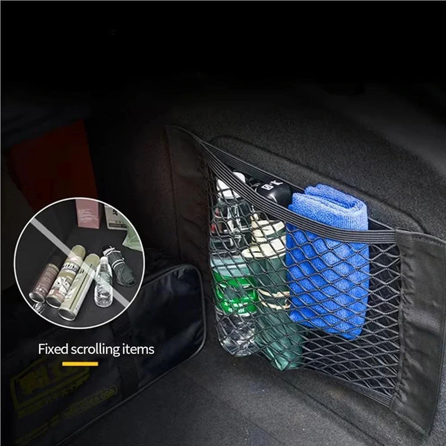 Paquete de 2 redes elásticas para organizar el maletero del coche: red organizadora con cinta adhesiva, sin necesidad de taladrar, fabricada en nailon flexible, para sujetar objetos y evitar que se rueden, ideal para botellas, herramientas, se adapta al maletero y al respaldo del asiento trasero, compatible con la mayoría de los coches, SUV y camionetas.