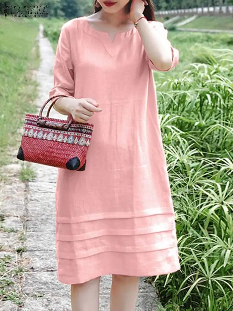 

Casual Loose Cotton Dress Women Half Sleeve Robe ZANZEA 2024 Spring V-Neck Vestidos Elegant Holiday Solid Knee-length Dresses