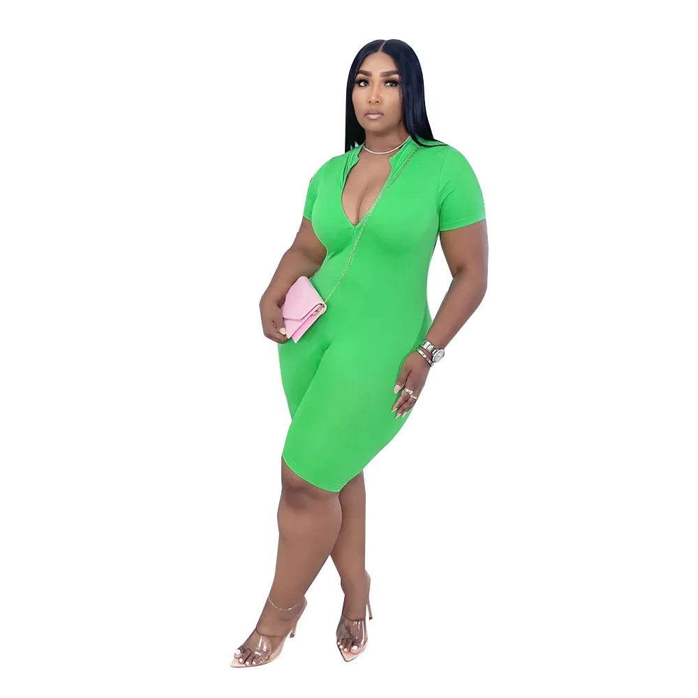 Summer Plus Size Ladies Solid Color Zipper Jumpsuits Sports Bodycon Bodysuit Short Sleeves V Neck High Stretchy Women Rompers