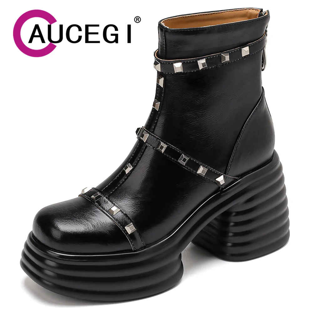 

Aucegi New Design Platform Thick Bottom Women Rivet Ankle Boots Fashion Back Zippers Ladies Elegant Autumn Winter Dress Shoes