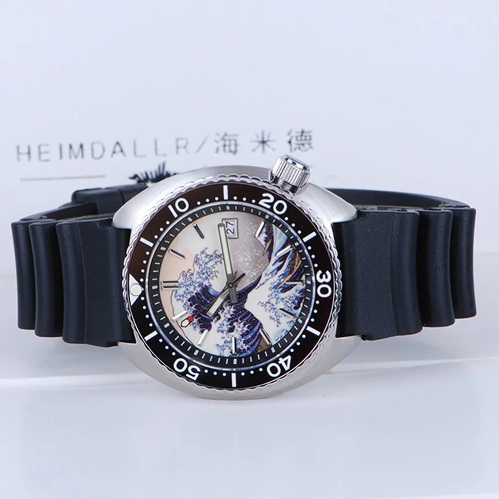 Heimdallr Men\'s Abalone Diver Watch 44mm Kanagawa Wave Full BGW-9 Blue Luminous Dial Sapphire NH35 Movement 20Bar Waterproof