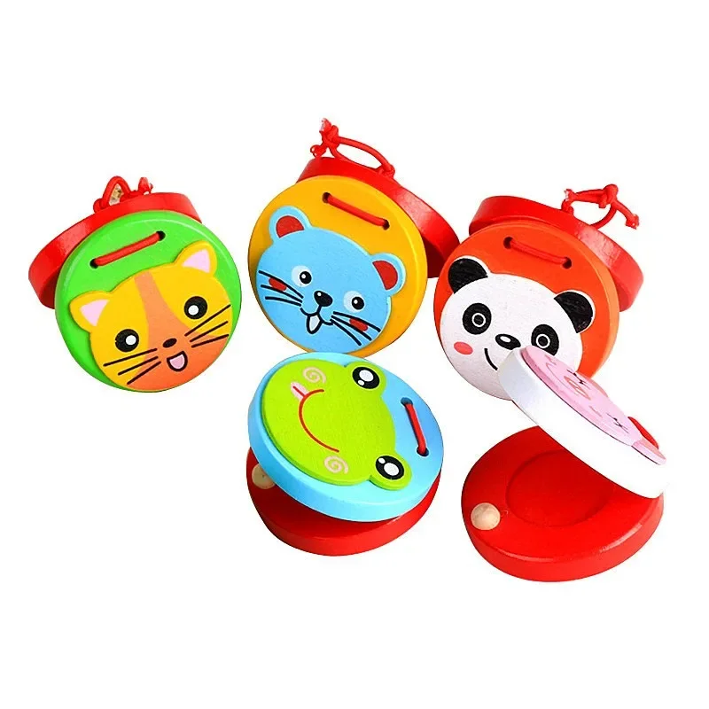 Kids Cartoon Wooden Rattle Drum Handle Clapping Castanets Board For Baby Musical Instrument Preschool Early Educational Toys