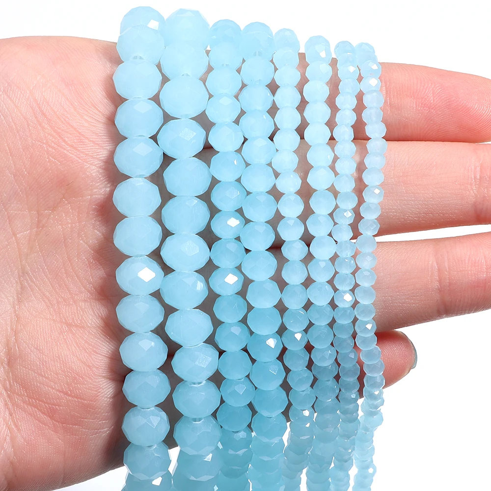 1 Strand 3/4/6/8mm Lake Blue Faceted Crystal Beads Rondelle Glass Loose Spacer Beads For Jewelry Making DIY Bracelets Necklace