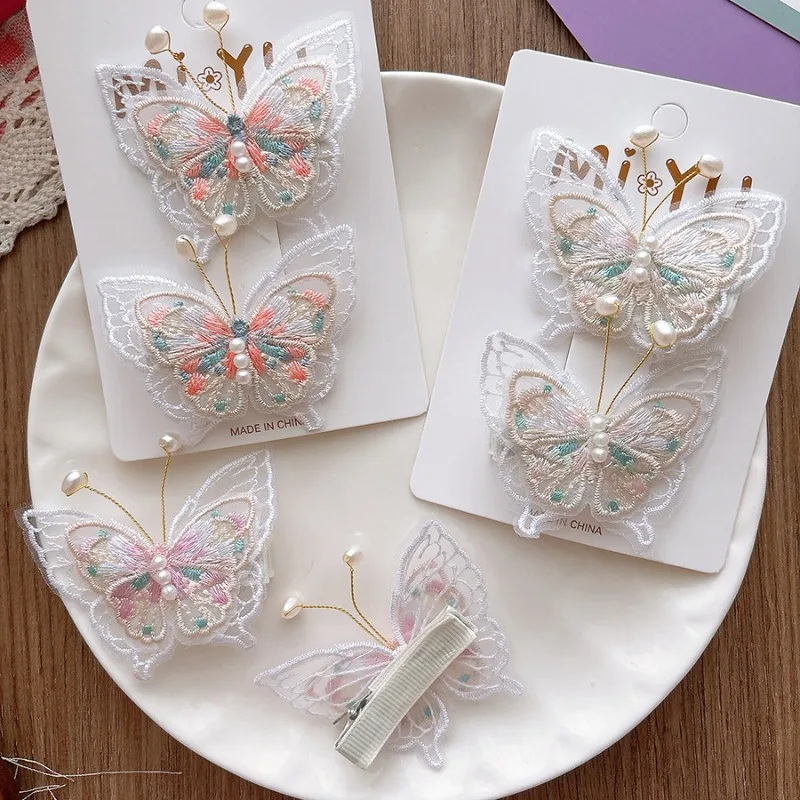 2pcs Girls Hairpins Pearl Butterfly Embroidery Children's Hairgrip Hair Clips Barrettes Headwear Hair Accessories for Kids