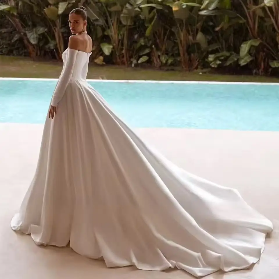 Customized Modern A-line Wedding Dresses Boat Neck Long Sleeves Court Train Satin Bridal Gown for Bride Simple vestido de novia