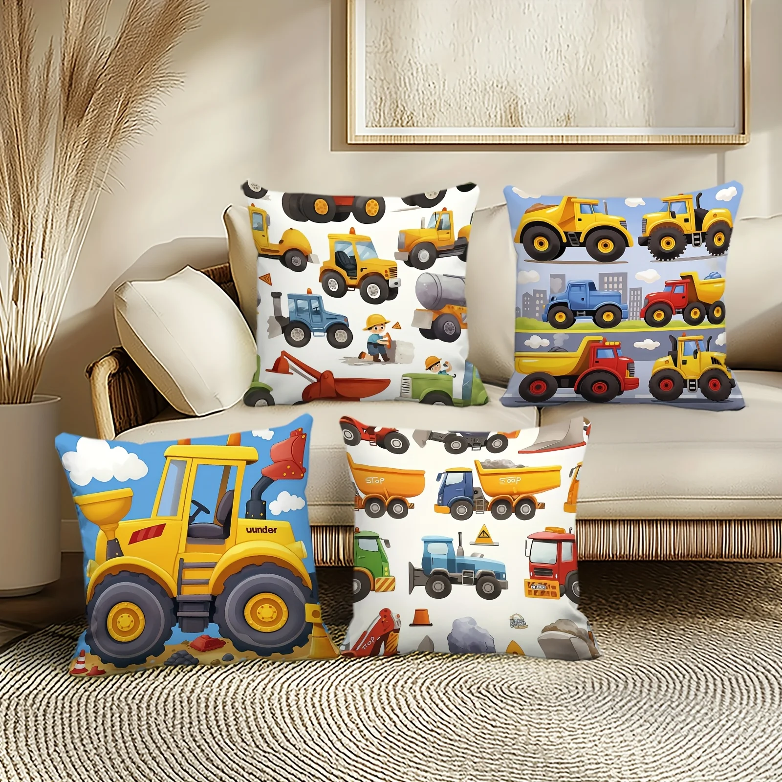 1PC 2D Flat Cute Construction Vehicle Throw Pillow Covers Kids Boys Cartoon Engineering Truck Cushion Cases for Bedroom Playroom