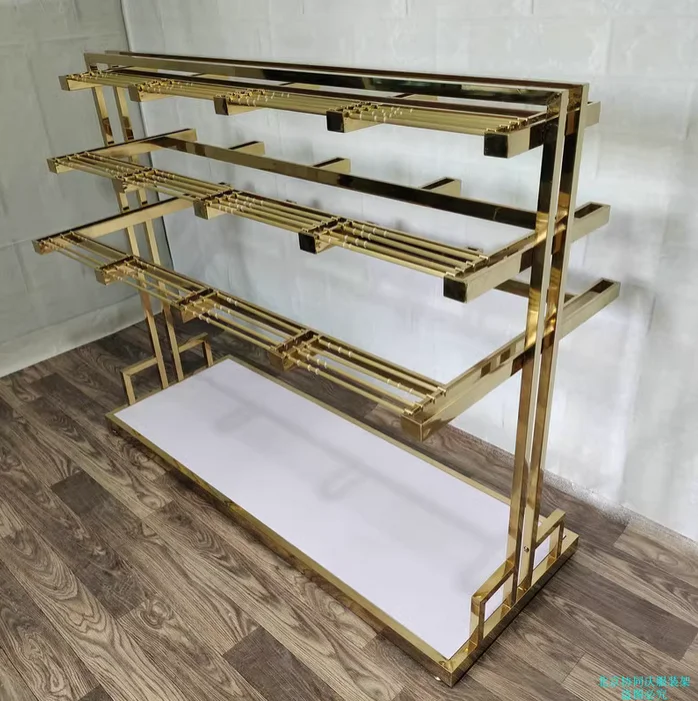 

Men's clothing store hanging pants, double row yellow titanium gold middle island rack hanging trousers