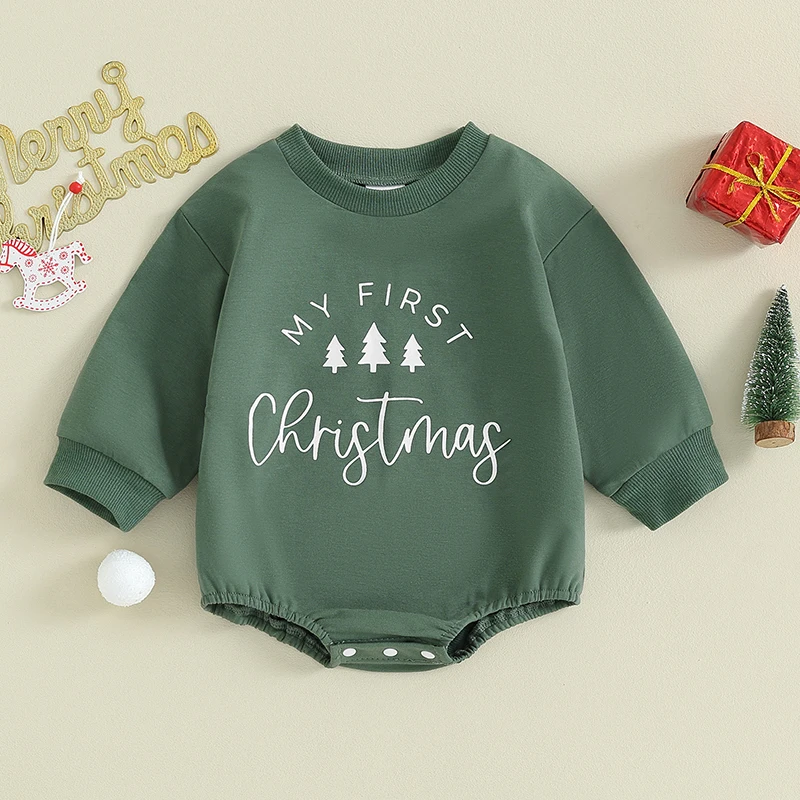 Baby Kids Christmas Romper Cute Tree/Star Letter Print Long Sleeve Sweatshirt Bodysuit Newborn Winter Cute Xmas Playsuit