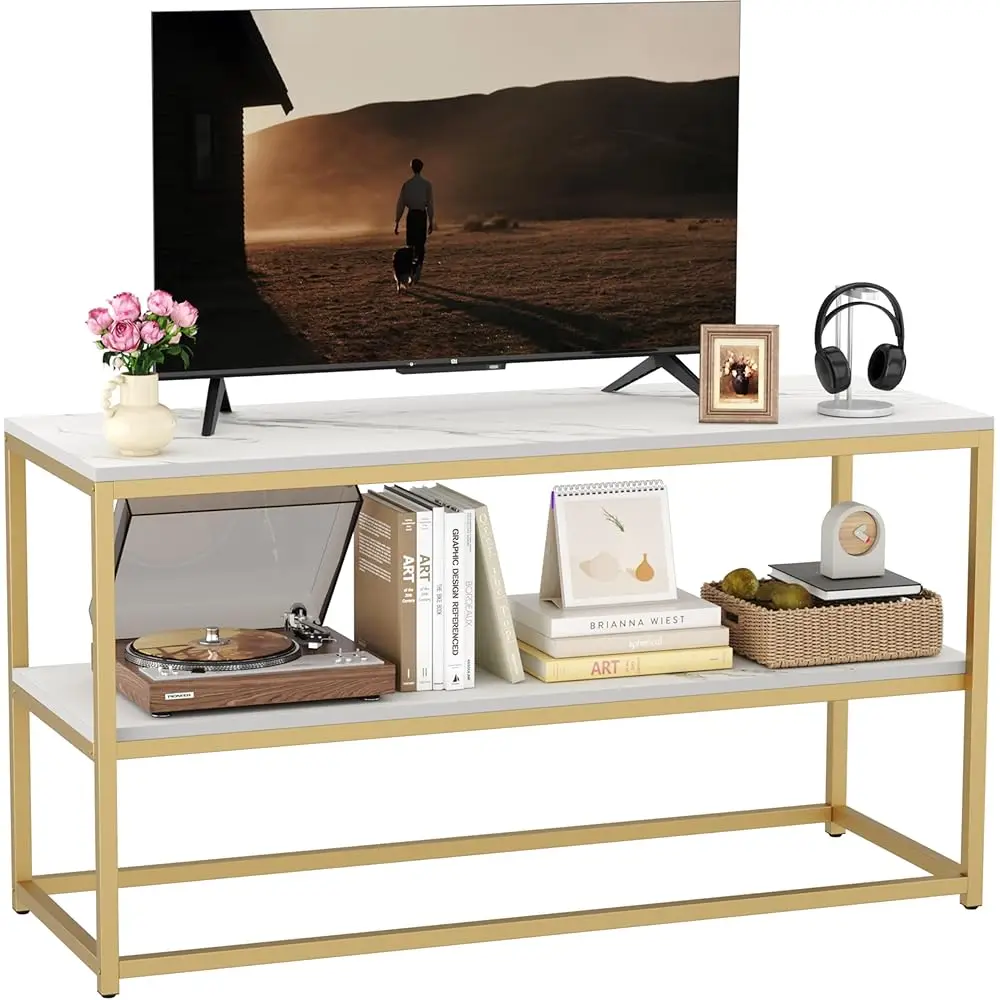 

Tv Stand For Tvs Up To 50 H, 3 Tier Entertainment Center, Modern Tv Cabinet With Marble Top And Gold Metal Base, 42"" Media