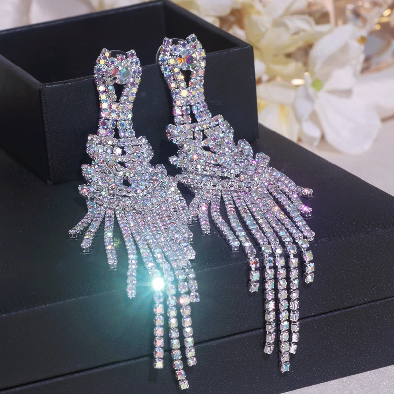 Fashion Long Tassel Earrings for Women Wedding Party Jewelry Accessories Luxury Sparkling Crystal Rhinestone Drop Dangle Earring