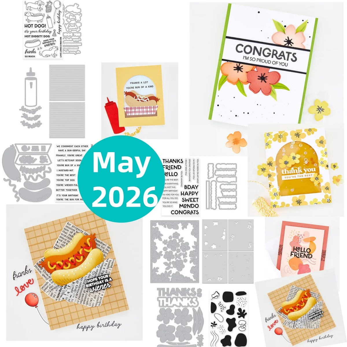 Mayo 2026 Coney Club Troqueles de corte de metal con diseño de hot dog y marco floral, Sellos transparentes y Plantillas para decoración de tarjetas y álbumes de recortes DIY, Nuevo