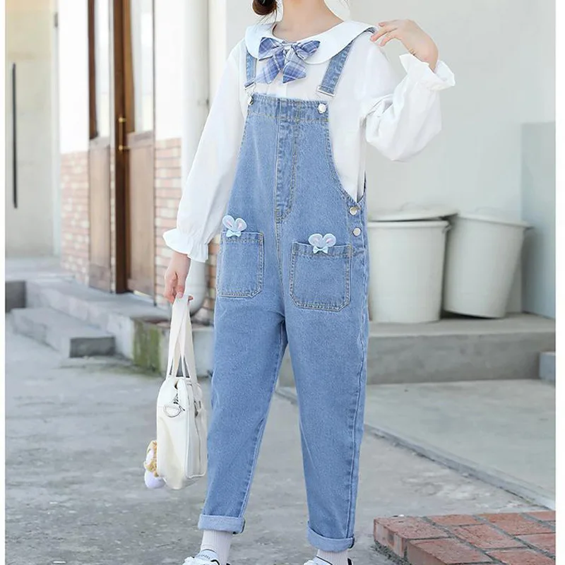 Girls Casual All-match Denim Overalls Middle Big Children\'s Spring Autumn Korean Overalls Children Fashion Foreign Flavor Jeans