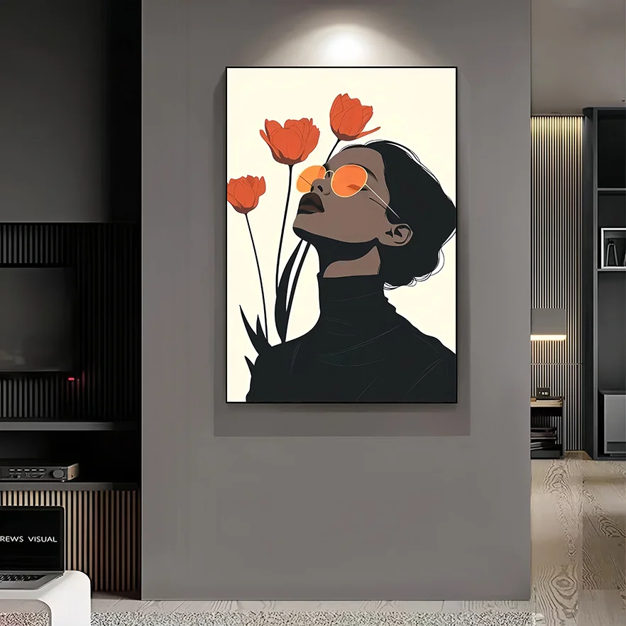 قطعة واحدة من ملصق القماش الحديث الكبير جدًا - ديكور فني جداري بسيط مع توليب برتقالي، صورة امرأة أنيقة - ملصق تنسيق كبير #5