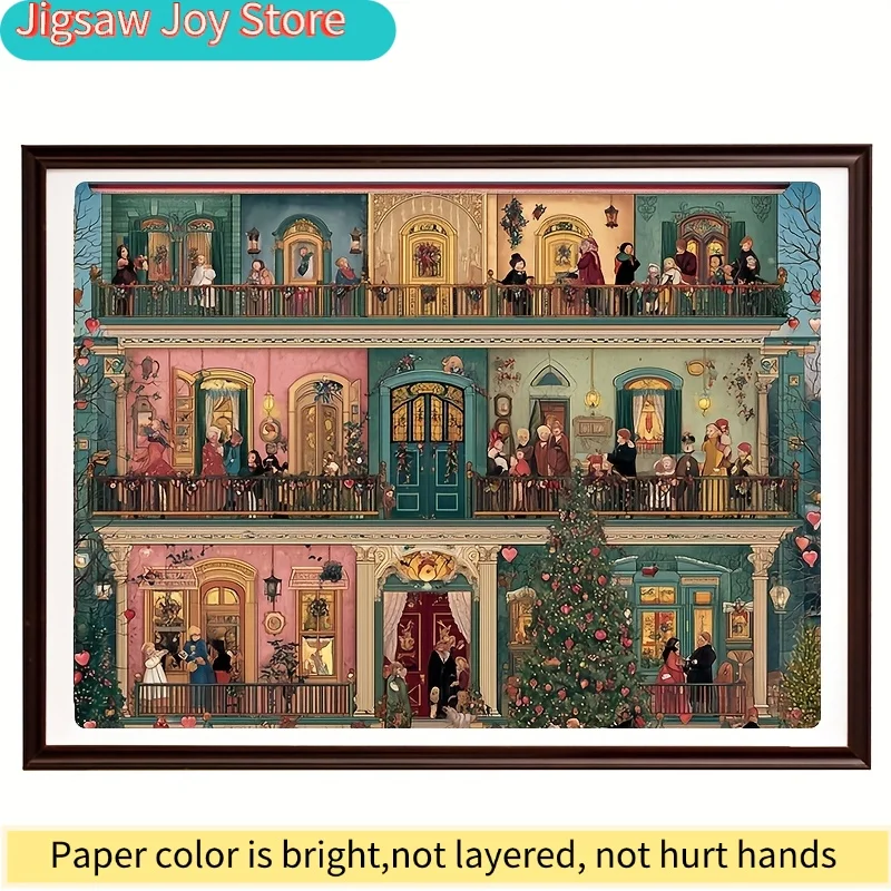 Un mini rompecabezas de papel para adultos con el título 'Elegant Victorian Christmas House', adecuado para juegos de fiesta y actividades familiares.