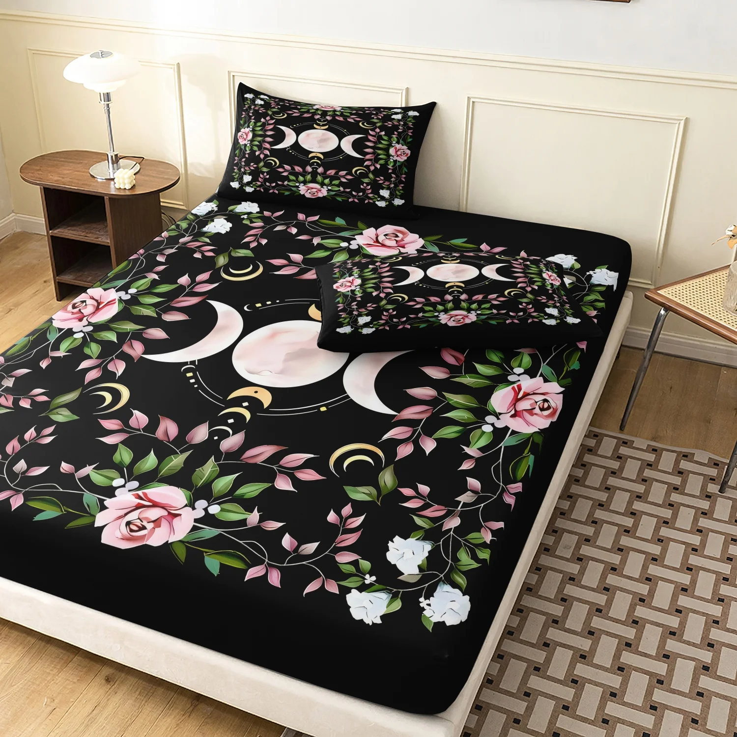 

3pcs Pink Flower Lunar Phase Fitted Sheet,Bohemian Triple Goddess Moon Bedding,Home Bedrooms And Dormitories Mattress Protector