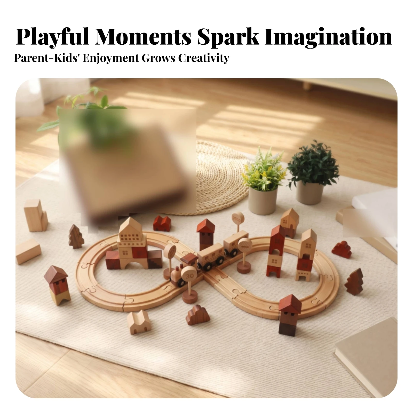 Wooden Railway Station Creative Play Children's Playset Printed Details Tabletop Train Track Set Wooden Rail-Building Toy