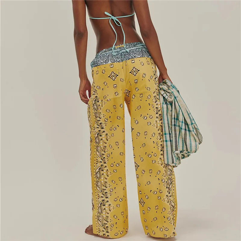 سراويل نسائية بوهو مُزينة بنقشة الزهور عالية الخصر وخصر مطاطي بالازو سراويل شاطئ واسعة الساق مع جيوب ملابس خروج عتيقة #4