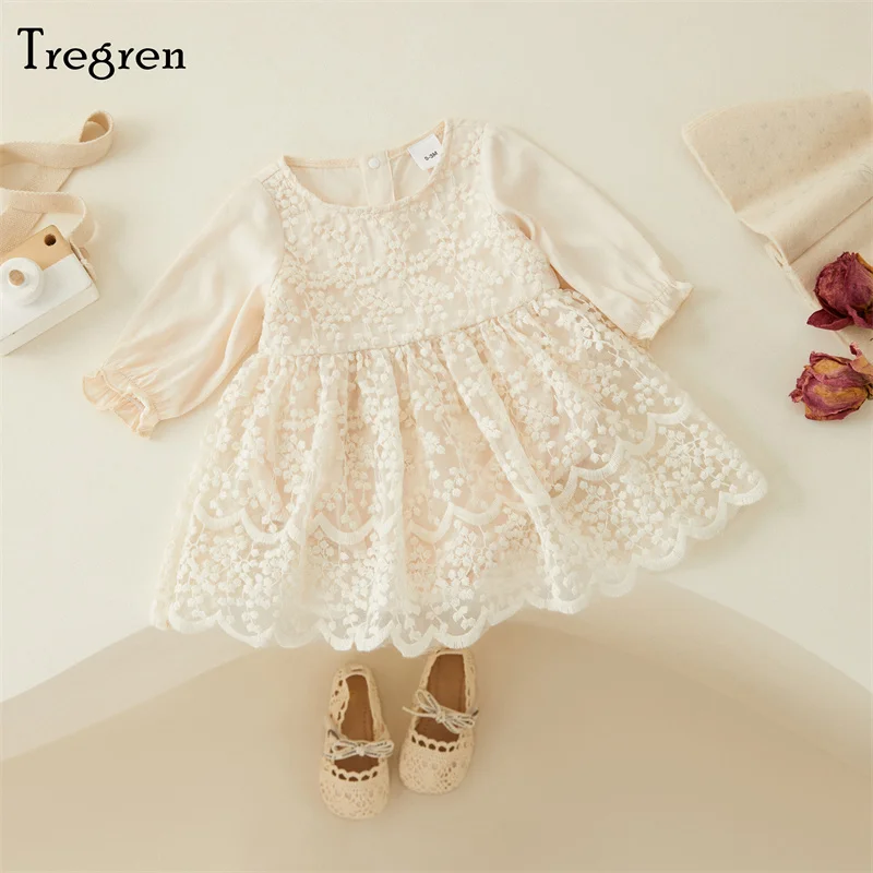 

Tregren Cute Infant Baby Girl Romper Dress Spring Fall Long Sleeve Round Neck Patchwork Lace Party Princess Dress For 0-18M