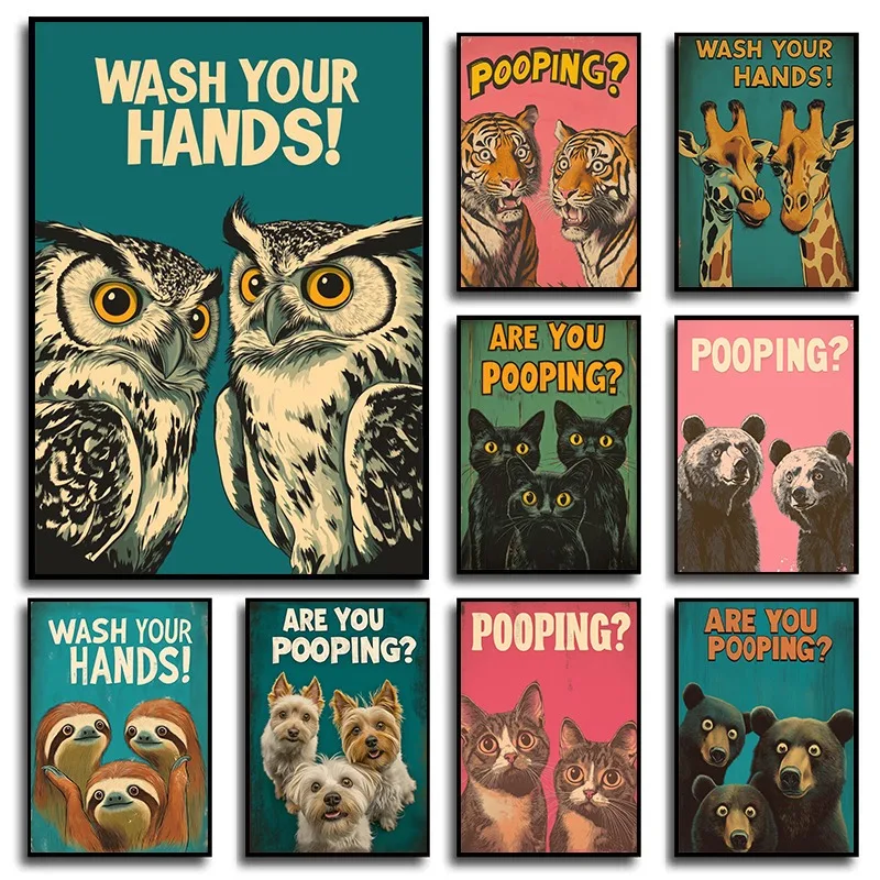 Humorous Bathroom Wall Art Canvas Print Vintage Quirky Animal Poster with Cat Tiger Bear Funny Toilet Decor Restroom Home Hum