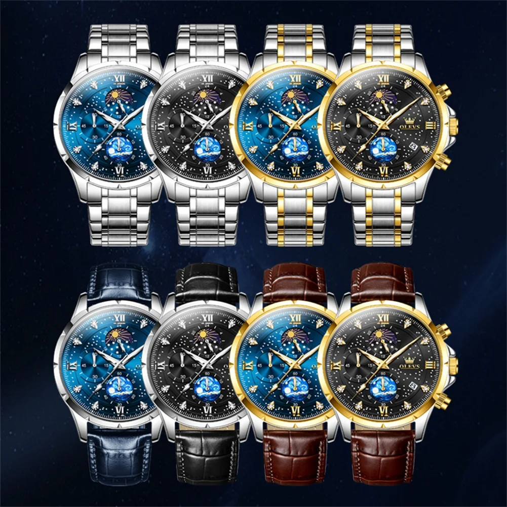 OLEVS TOP Men\'s Watches Fashion Moon Phase Luxury Waterproof Wristwatch Starry Sky Dial Chronograph Original Male Quartz Watch