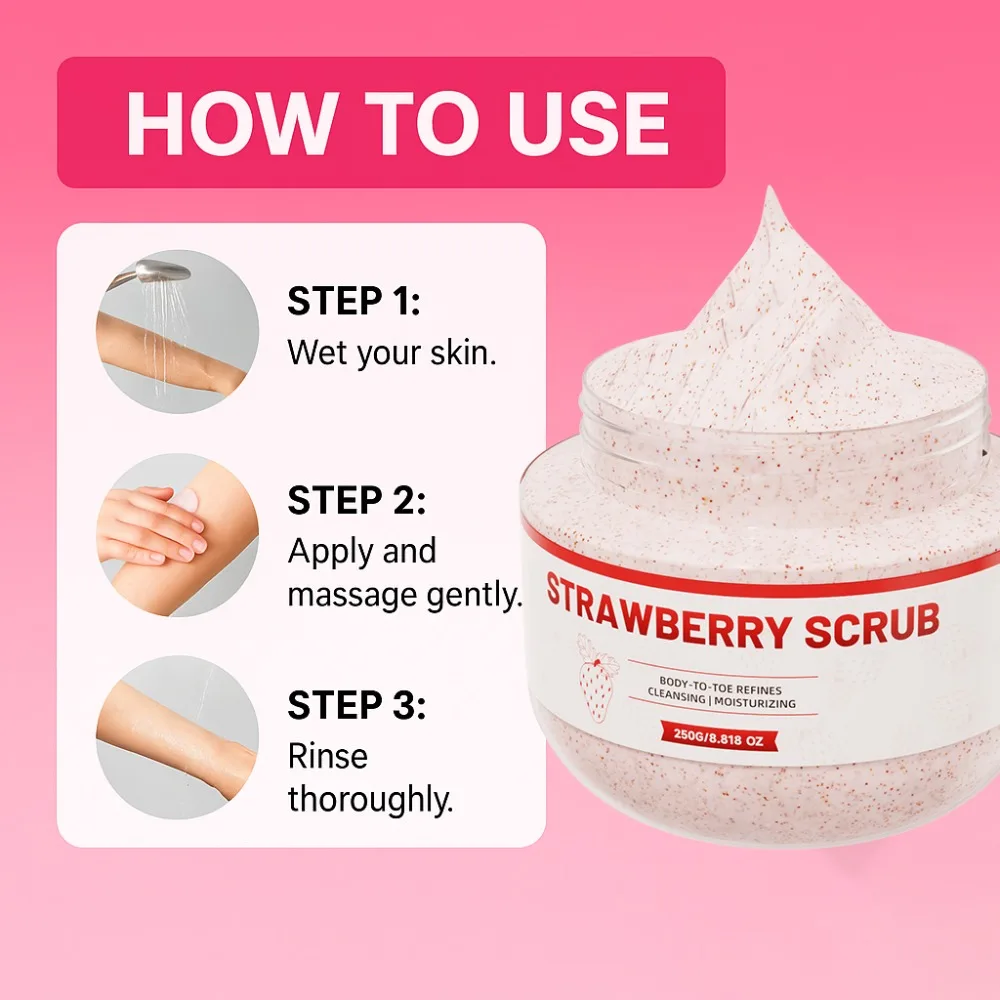 Exfoliante de fresa, limpieza profunda para mejorar la calidad de la piel, exfolia la piel con extracto de planta, cuidado corporal y de los pies para adultos, 8,8 oz