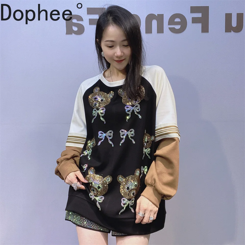 

Colorblock Long Sleeve Women Sweatshirt 2025 New Autumn Cute Bears Hot Drilling O-neck Pullover Top Space Cotton Casual Hoodies