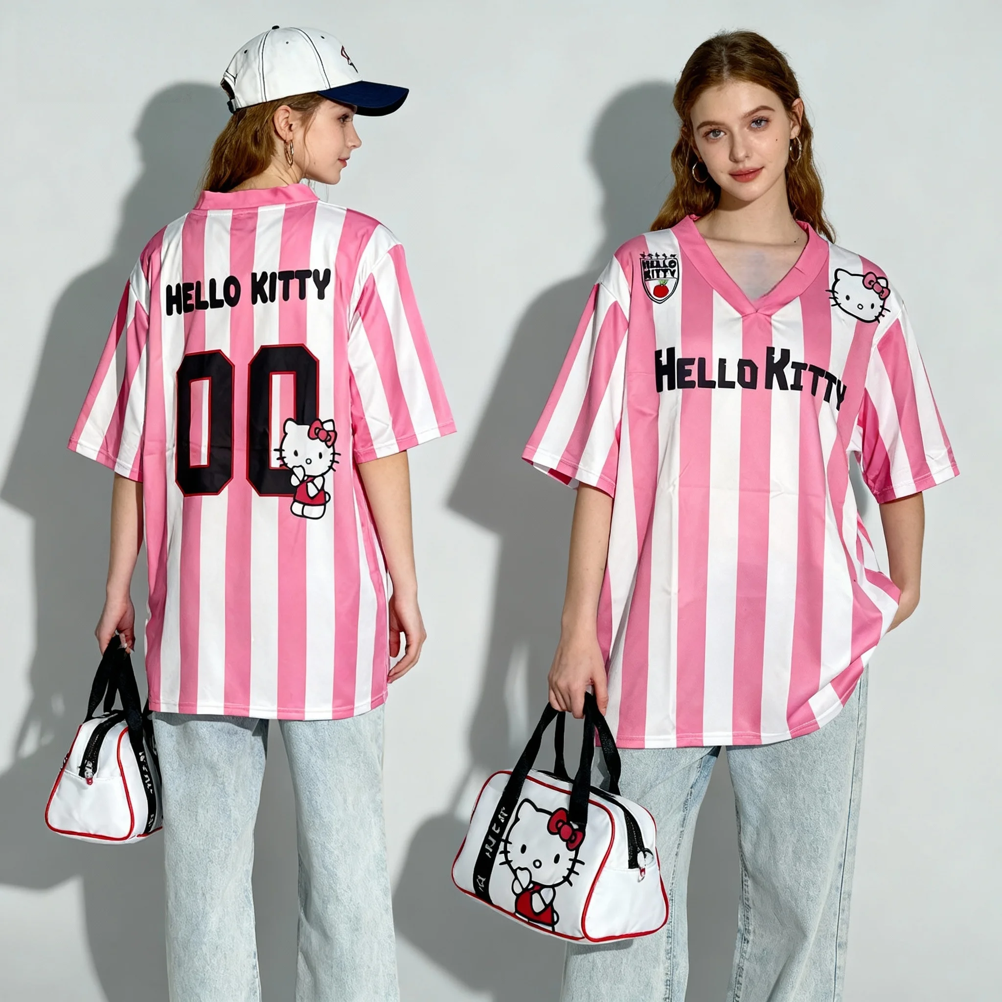 Camicia da baseball Sanrio Family Hello Kitty T-shirt estiva da strada americana dolce e fresca T-shirt da donna oversize per adulti Nuovo stile