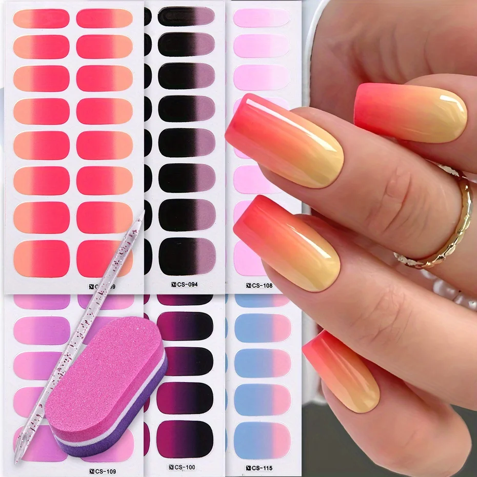 สติกเกอร์เจลสีออมเบรสำหรับเล็บ 6 ชิ้น สีชมพู ฟ้า ไล่เฉด ดีไซน์เรียบง่าย ติดง่าย ปิดเต็มเล็บ พร้อมตะไบและแท่ง