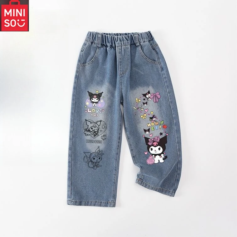 

MINISO Children Cartoon Jeans Kuromi My Melody Girl Printing Spring Autumn Leisure Trousers Fashion Kawaii Thin Style Clothing