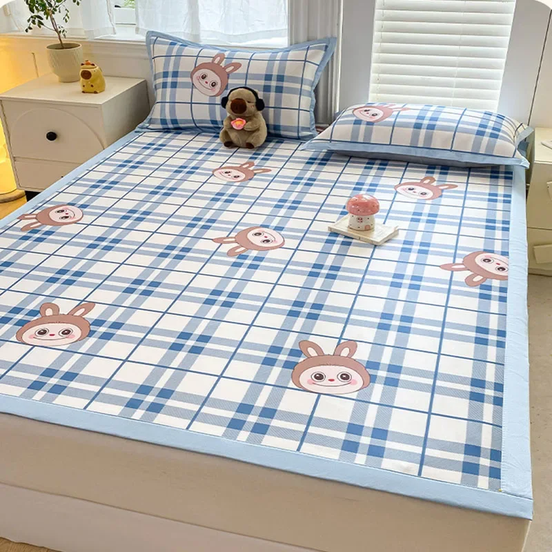 Summer Cartoon Printed Silky Bed Mat Set Machine Washable Skin Friendly Soft Cushion Mattresses for Home Student Dormitories