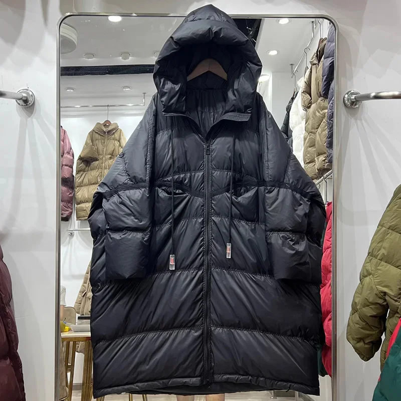 Schinteon المرأة الأبيض بطة أسفل سترة مع غطاء محرك السيارة الخريف الشتاء الدافئة طويلة أبلى أكثر من حجم معطف فضفاض 2025 جديد