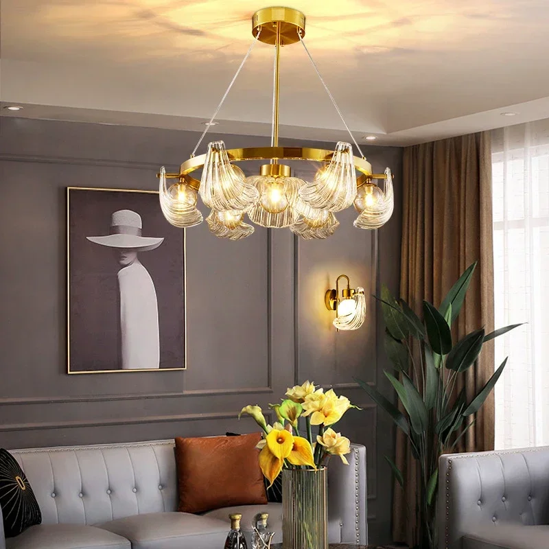 

SANDYHA Luxury Shell Glass Chandeliers LED Lighting for Living Room Bedroom Salon Creative Suspension Luminaire Lustre Design