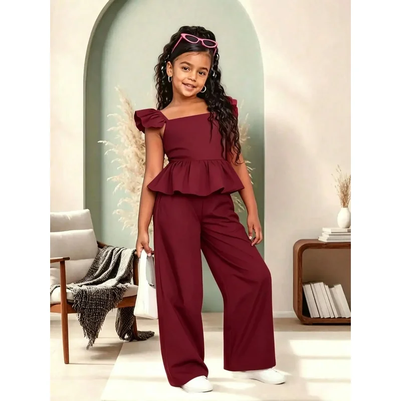 Girls Peplum Wide Leg Jumpsuit Casual Square Neck Slim Fit All-In-One Design Comfortable Daily Wear Weekend Trips