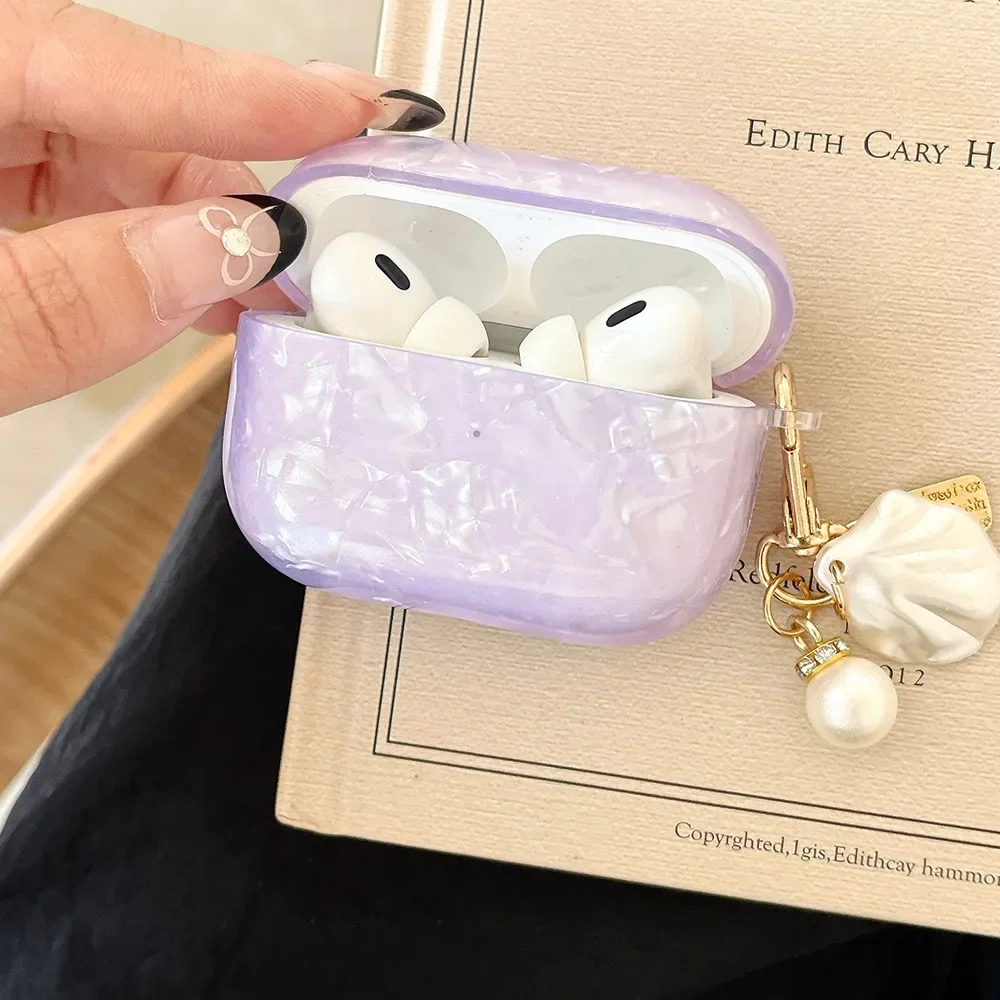 

Luxury Purple Pearly Shell Pendant Silicone Case For AirPods 1 2 3 4 pro 2 Wireless Bluetooth Earphone Accessories