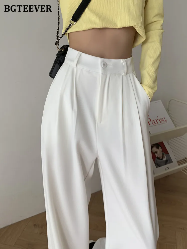 BGTEEVER Elegant One Button Ladies Wide Leg Trousers Spring Summer Loose Fashion Solid Straight White Suit Pants for Women