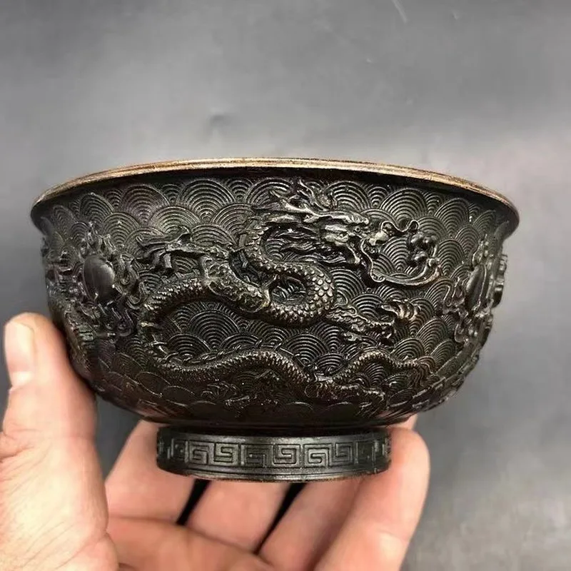 Antique Bronze Collection: Vintage Distressed Embossed , Double Dragon Playing with Pearls Bowl Ornament, Qianlong Er