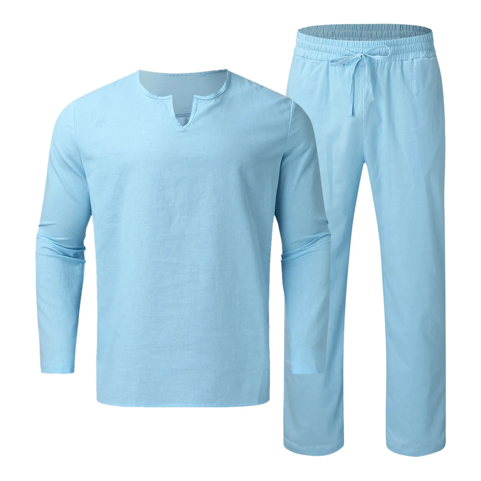 Conjunto de 2 piezas de algodón y lino para hombre, camisa de manga larga con cuello Henley y pantalones largos, ropa informal de playa para correr, Verano