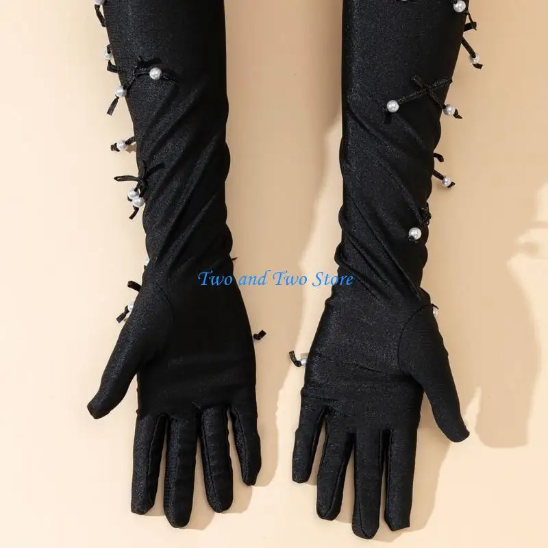 HX6F سيدة العروض المرحلة الخرز قفازات النادي الليلي قفازات الكوع الطرف العروض المرحلة قفازات قفازات فستان السهرة #3